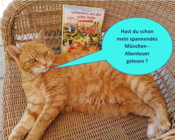 Katze liegt mit Buch auf dem Stuhl, Autorin Alexandra Benke, Geheimnis um den roten Kater - Ein München-Abenteuer, Kinderbuch, Kinderbuchverlag, Biber und Butzemann