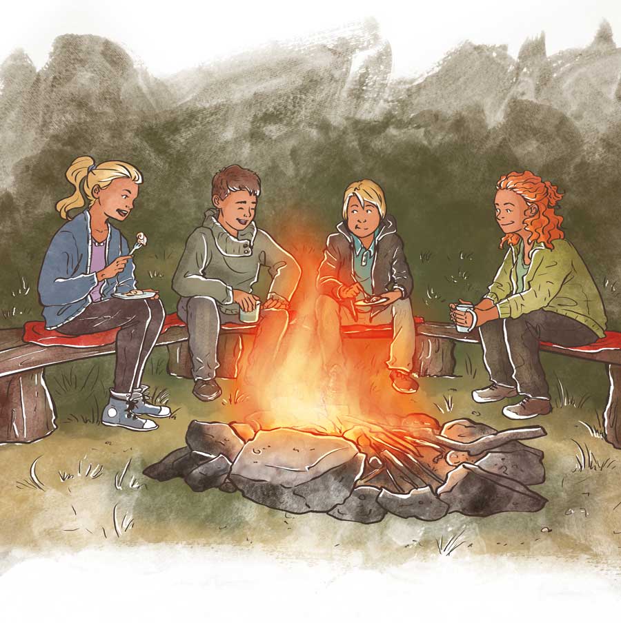 Familie sitzt am Lagerfeuer, Kinderbuch, Kinderbuchverlag, Biber und Butzemann, Lagerfeuer, Reiseführer für Kinder, Das Geheimnis der goldenen Schatztruhe