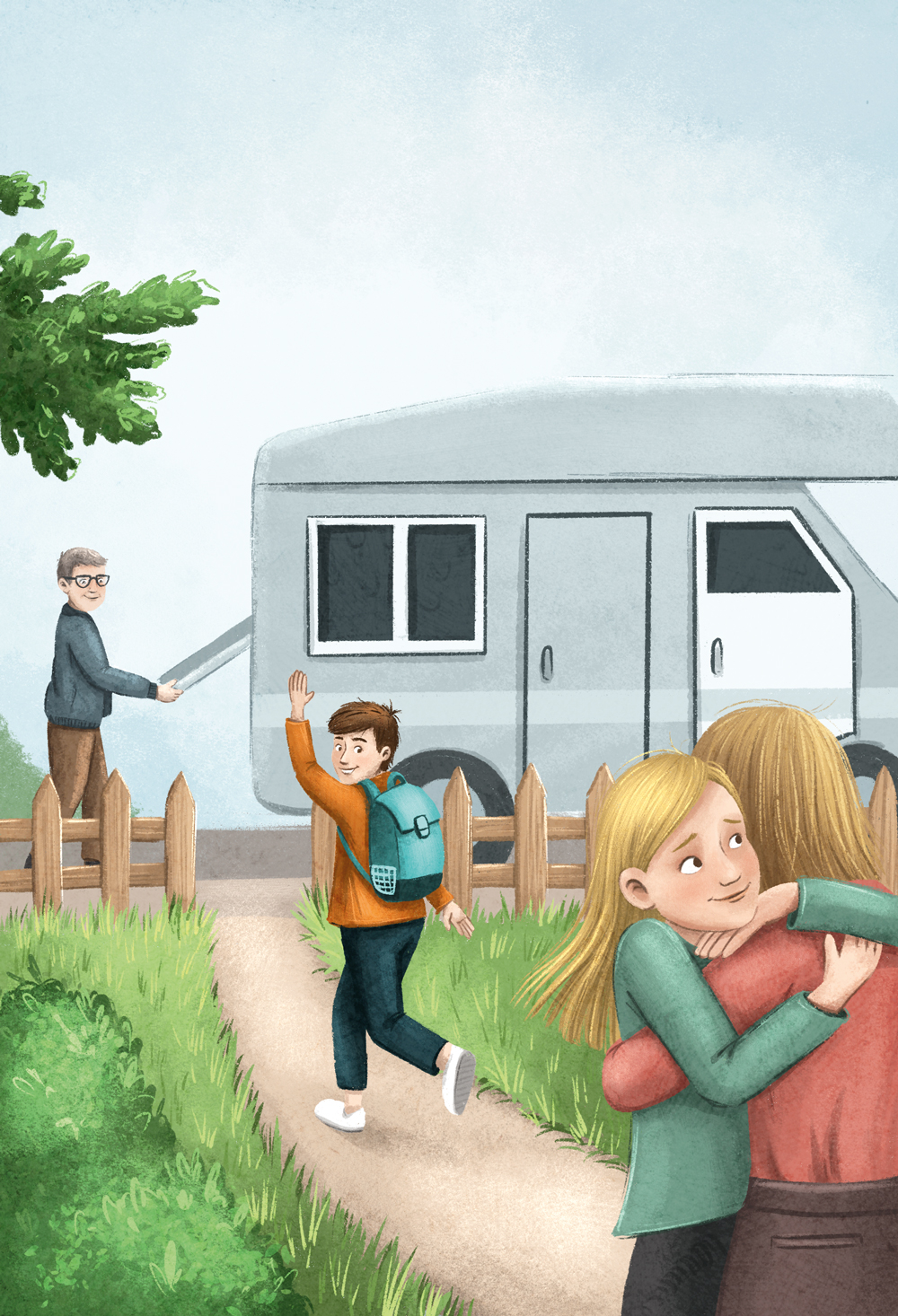 Kinder verabschieden sich bei Mutter vorm Wohnwagen, Zelten, Campingplatz, Camping Tipps